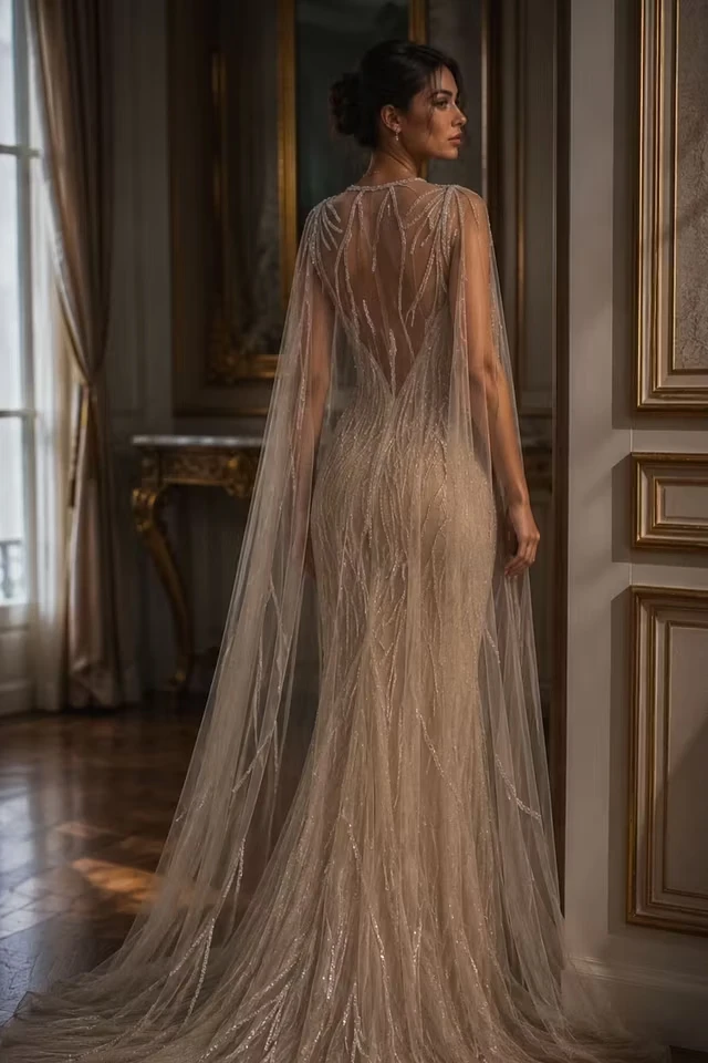 Romantic V-Neck Sleeveless Sequins Mermaid Evening Dresses Column Backless With Cape