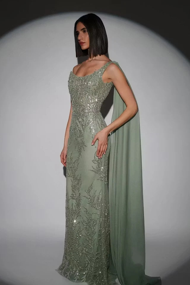 Glamorous Dusty Sage One Shoulder Sleeveless Mermaid Evening Dresses Sheath Sequins With Beads