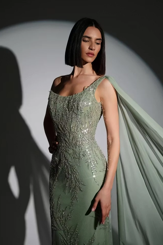 Glamorous Dusty Sage One Shoulder Sleeveless Mermaid Evening Dresses Sheath Sequins With Beads