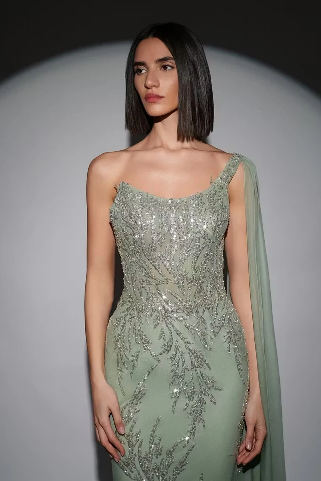 Glamorous Dusty Sage One Shoulder Sleeveless Mermaid Evening Dresses Sheath Sequins With Beads