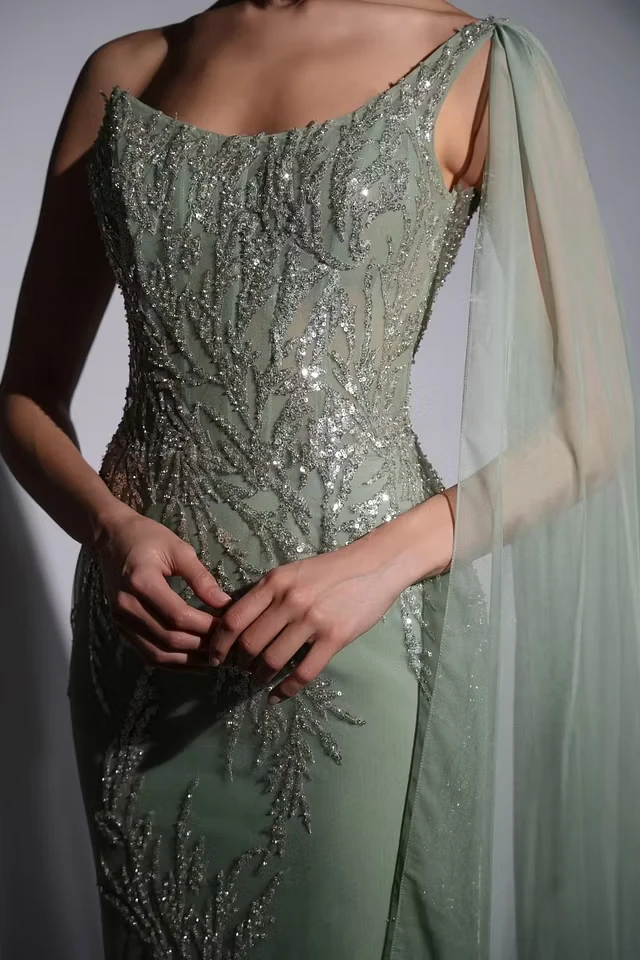 Glamorous Dusty Sage One Shoulder Sleeveless Mermaid Evening Dresses Sheath Sequins With Beads