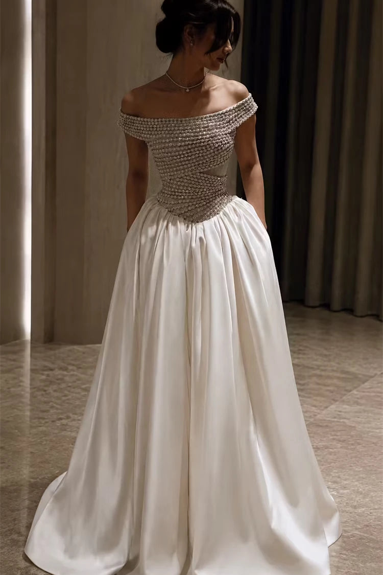 Elegant Off The Shoulder Satin Evening Dresses A-Line Gem Pockets With Pleats Zipper
