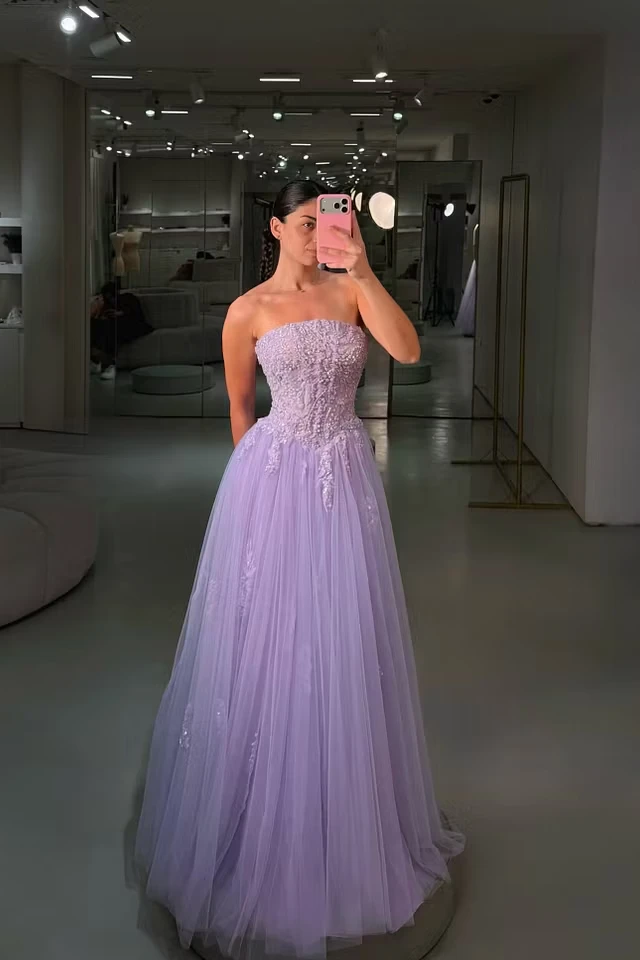 Elegant Lilac Strapless Sleeveless Tulle Evening Dresses A-Line With Beads