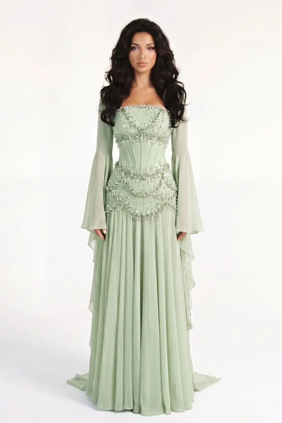 Timeless Dusty Sage Strapless Sleeveless Chiffon Evening Dresses Beads Pearls With Lace-Up Back
