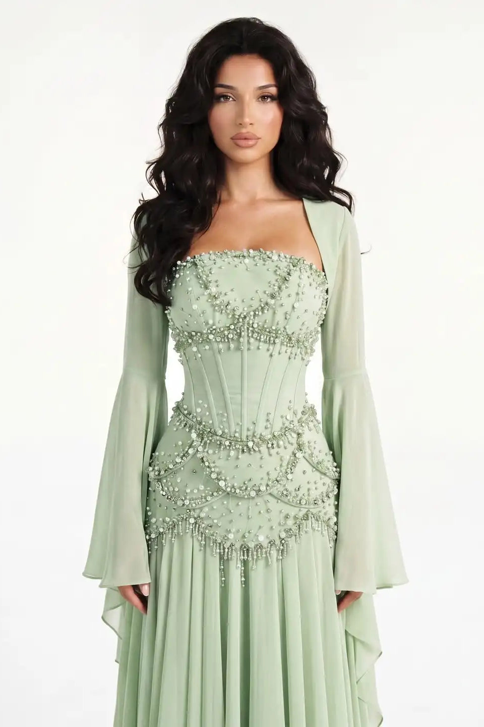 Timeless Dusty Sage Strapless Sleeveless Chiffon Evening Dresses Beads Pearls With Lace-Up Back