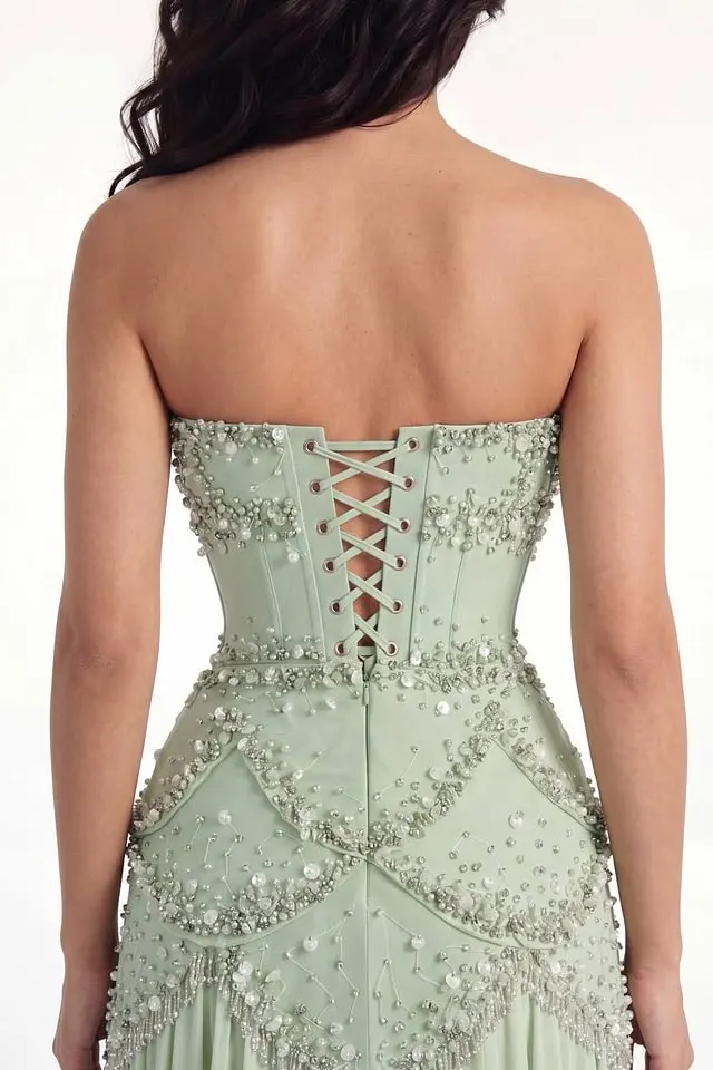 Timeless Dusty Sage Strapless Sleeveless Chiffon Evening Dresses Beads Pearls With Lace-Up Back