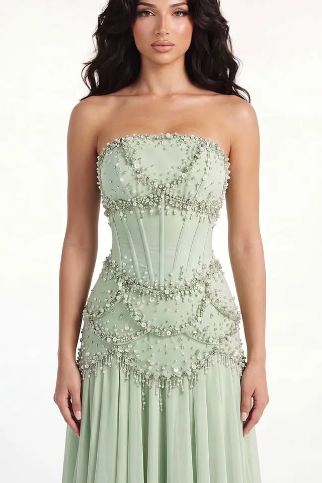 Timeless Dusty Sage Strapless Sleeveless Chiffon Evening Dresses Beads Pearls With Lace-Up Back
