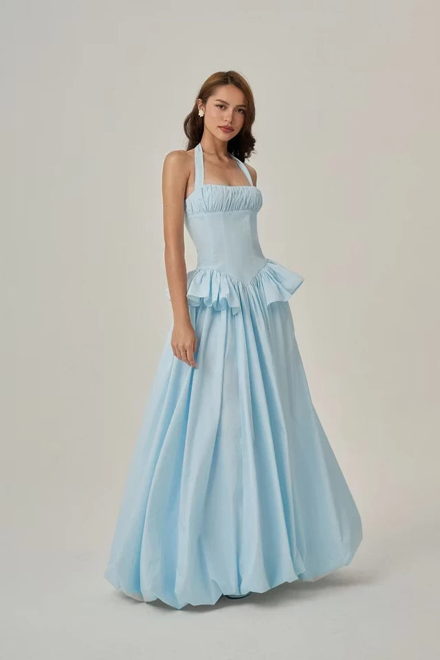 Pretty Sky Blue Halter Sleeveless Satin Evening Dresses A-Line With Zipper Pleats