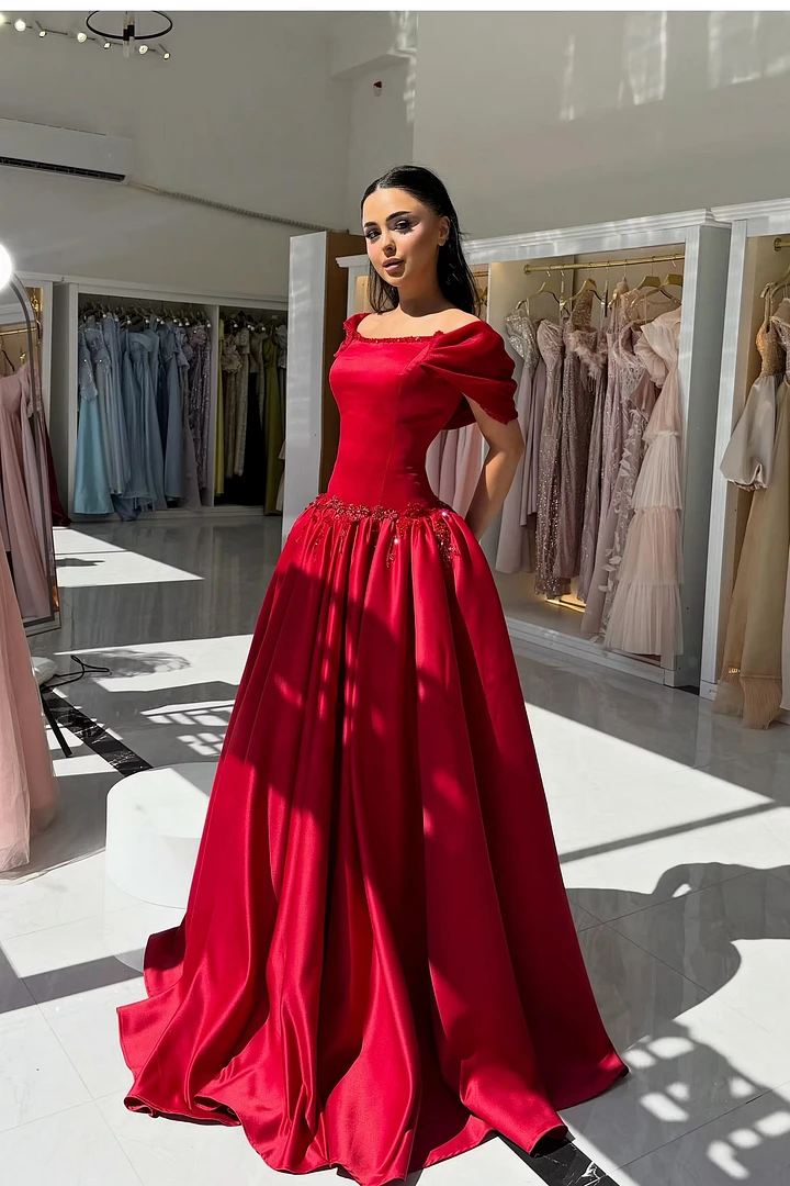 Elegant Red Off The Shoulder Satin Evening Dresses A-Line With Beads Pleats