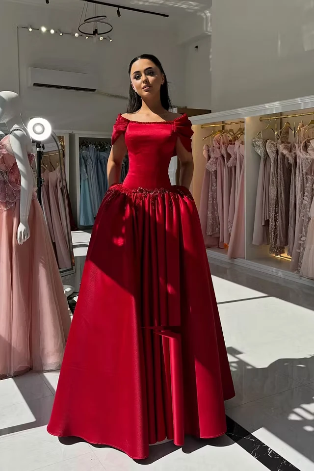 Elegant Red Off The Shoulder Satin Evening Dresses A-Line With Beads Pleats