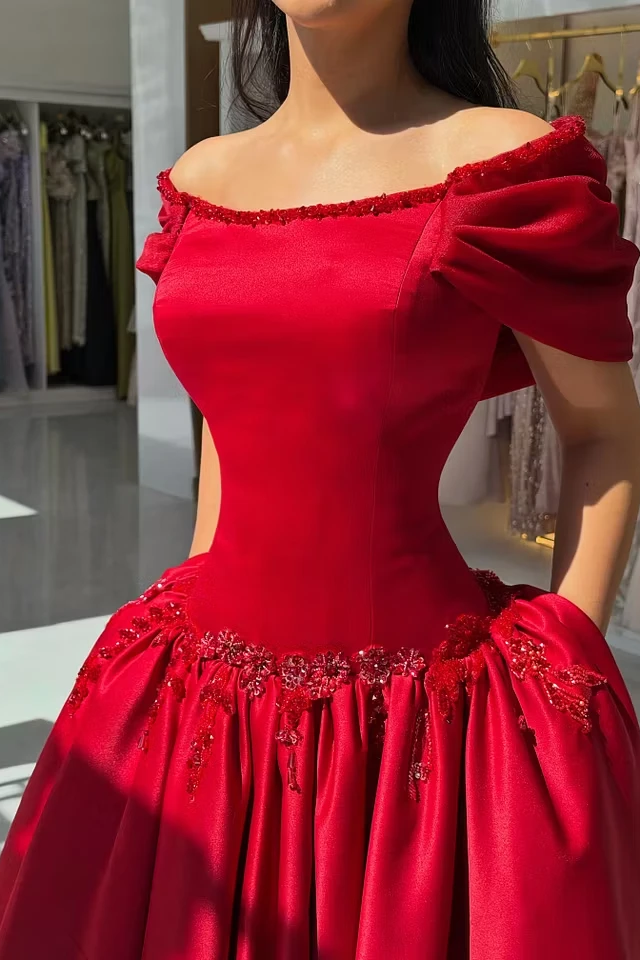 Elegant Red Off The Shoulder Satin Evening Dresses A-Line With Beads Pleats