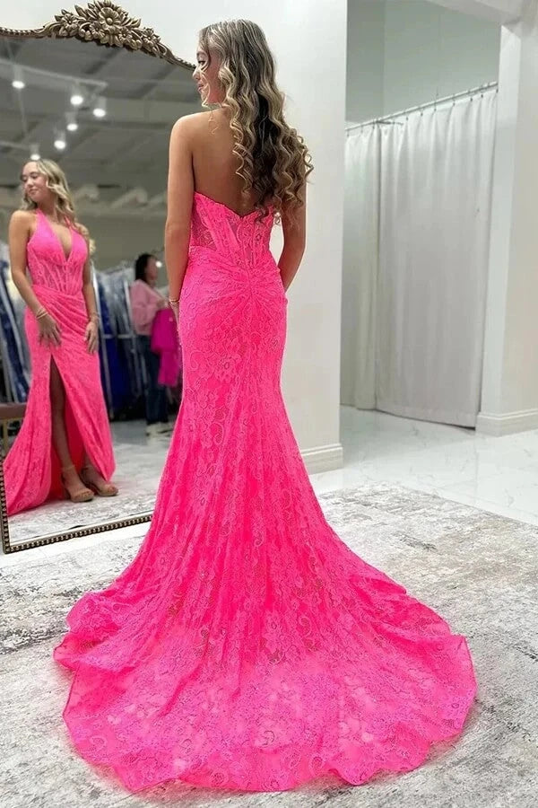 Dazzling Fuchsia V-Neck Halter Sleeveless Lace Evening Dresses Mermaid Zipper With High Split