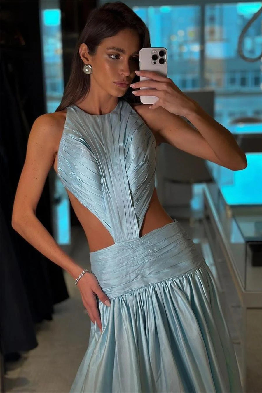 Charming Dusty Blue Sleeveless Satin Evening Dresses A-Line Backless With Pleats Zipper