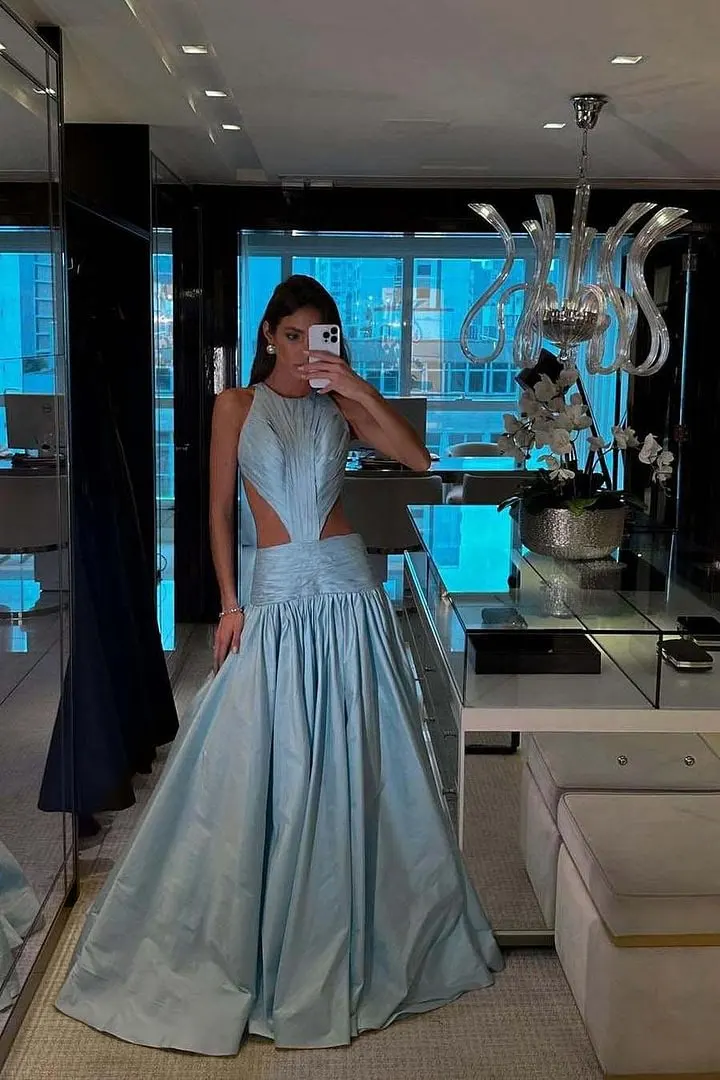 Charming Dusty Blue Sleeveless Satin Evening Dresses A-Line Backless With Pleats Zipper
