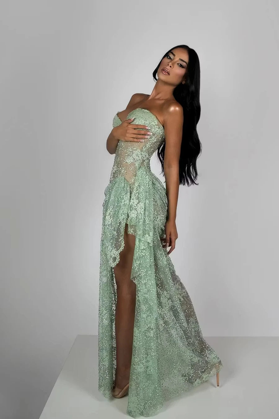 Dazzling Green Sweetheart Strapless Sleeveless Mermaid Evening Dresses High Split With Lace-Up Back
