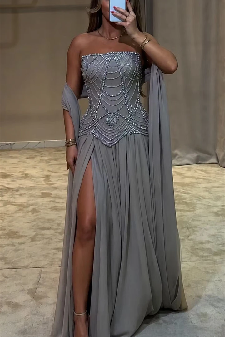 Pretty Strapless Sleeveless Chiffon Evening Dresses Gem With Zipper Pleats