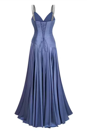 Dazzling Blue V-Neck Spaghetti-Straps Sleeveless Evening Dresses A-Line Pleats With Lace-Up Back