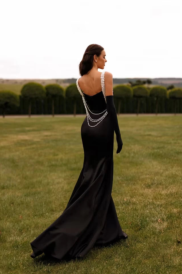 Dazzling Black Straps Sleeveless Satin Evening Dresses Mermaid Sheath With Gloves Pearls