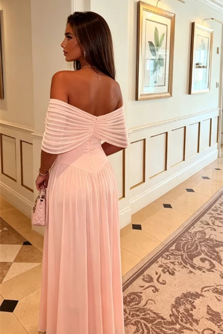Pretty Pink Off The Shoulder Chiffon Evening Dresses Long With Pleats Zipper
