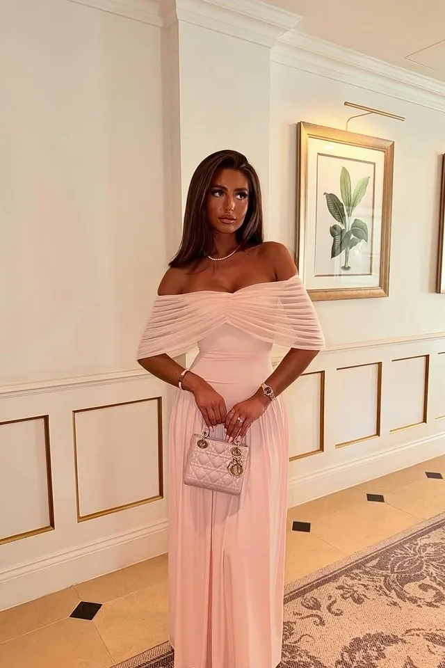 Pretty Pink Off The Shoulder Chiffon Evening Dresses Long With Pleats Zipper