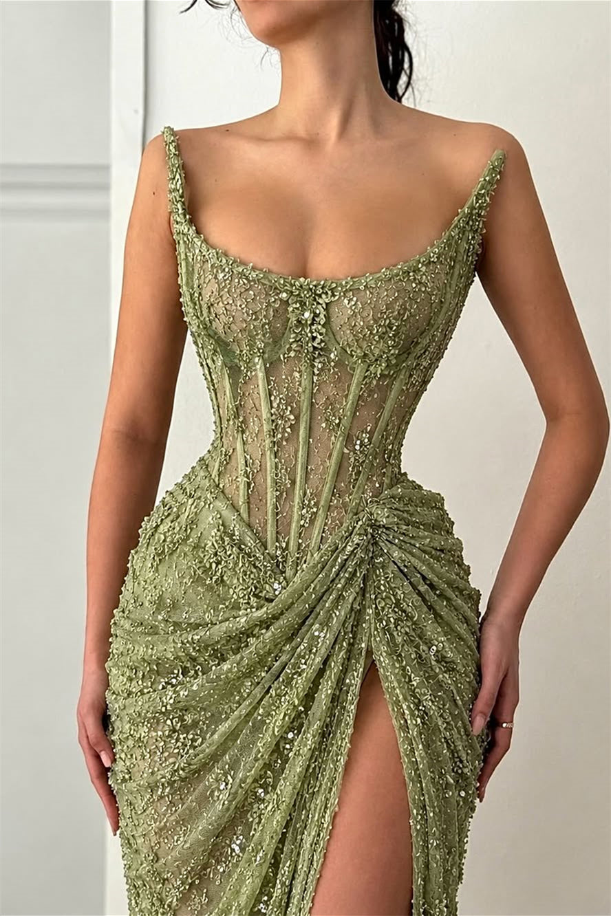 Dazzling Green Strapless Sleeveless Mermaid Evening Dresses Sheath With High Split