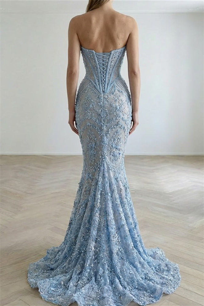 Dazzling Sky Blue Sweetheart Strapless Sleeveless Mermaid Evening Dresses Beads With Lace-Up Back