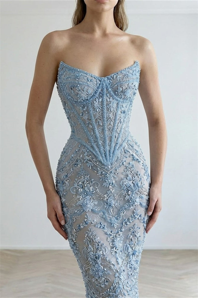 Dazzling Sky Blue Sweetheart Strapless Sleeveless Mermaid Evening Dresses Beads With Lace-Up Back