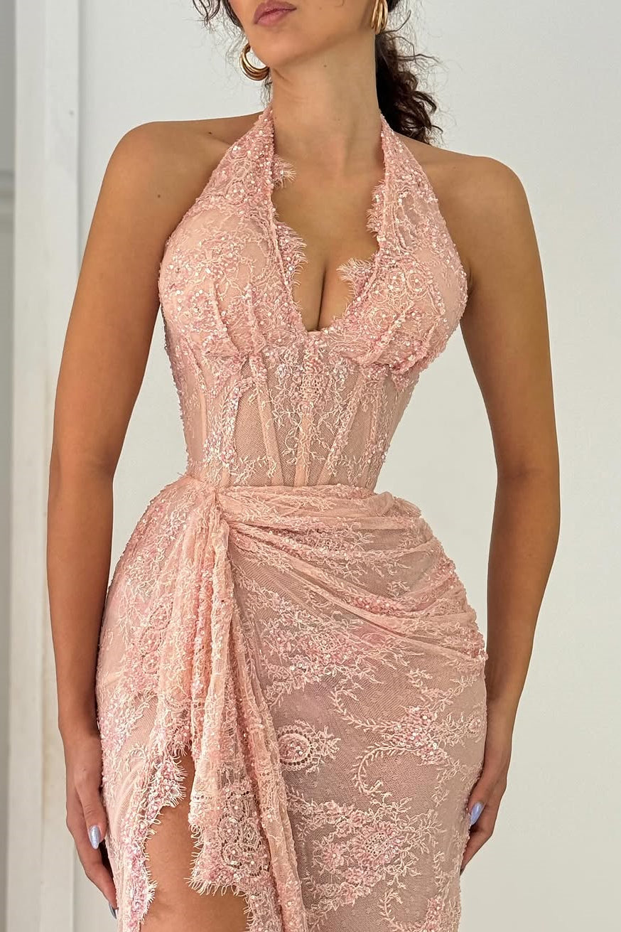 Elegant Dusty Rose Halter Sleeveless Lace Evening Dresses Mermaid Sheath With High Split