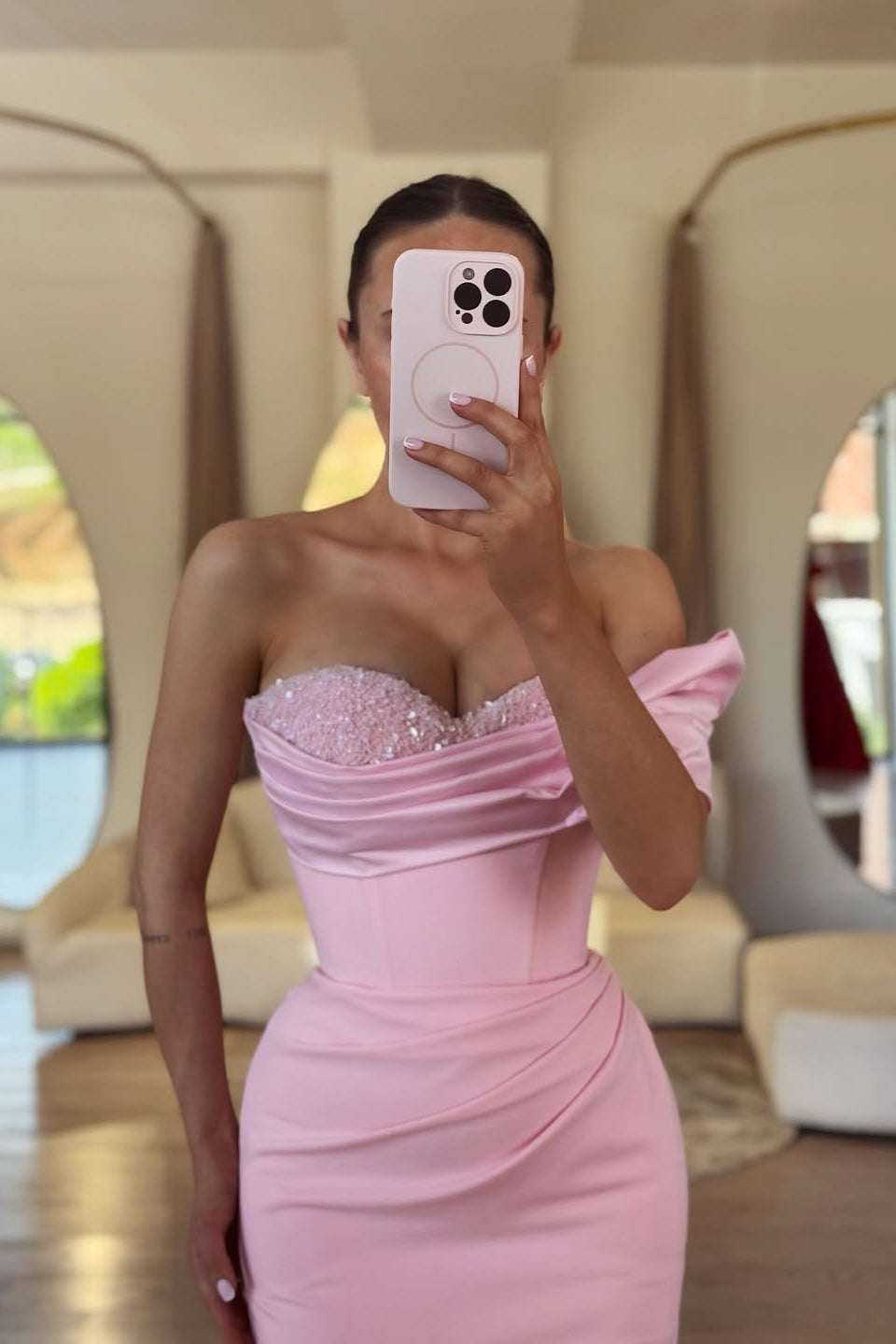 Dazzling Pink One Shoulder Satin Mermaid Evening Dresses Sheath With Beads