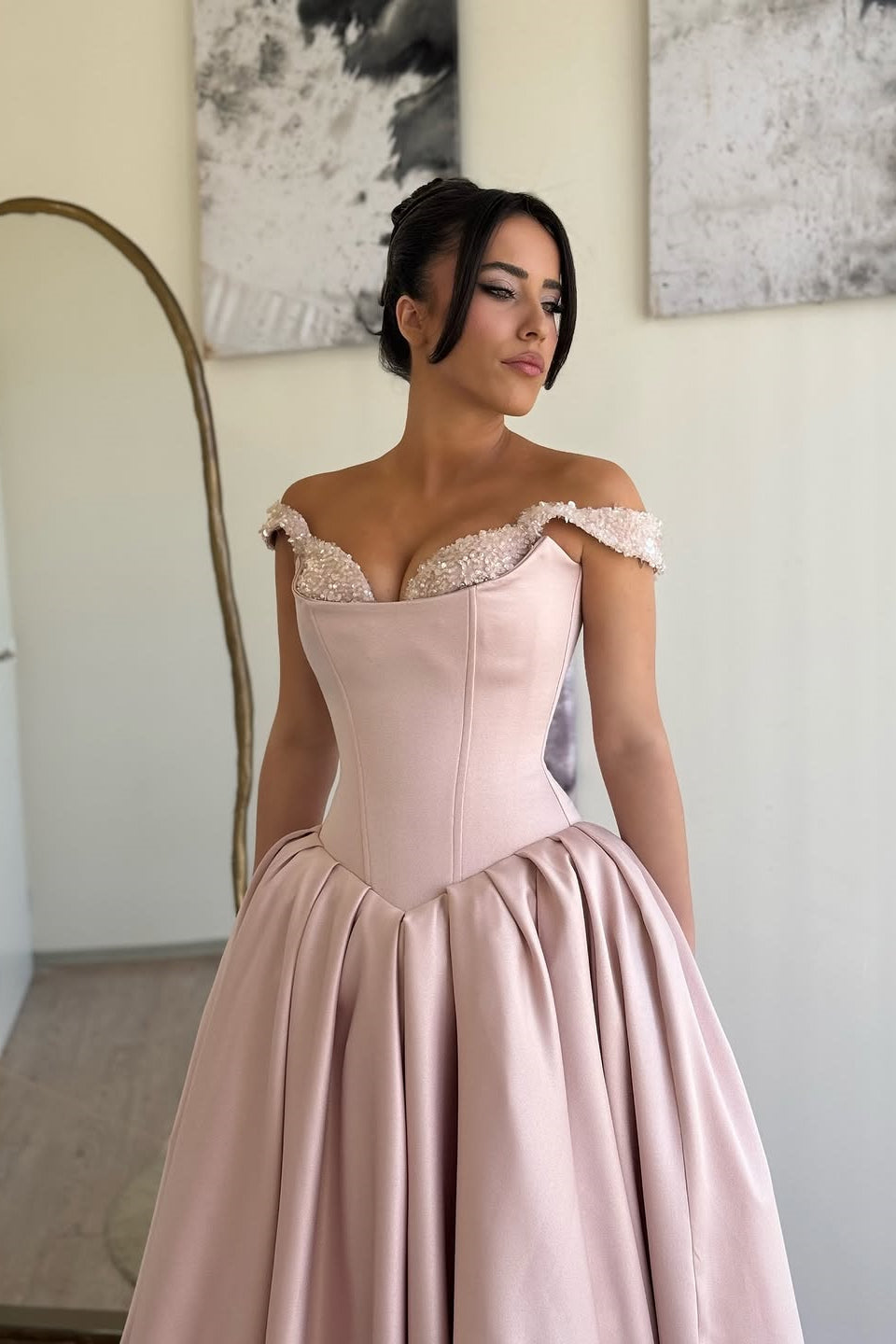 Romantic Dusty Pink Sweetheart Off The Shoulder Satin Evening Dresses A-Line With Beads Pleats