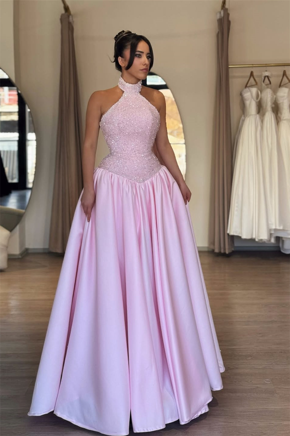 Charming Pink Halter Sleeveless Satin Evening Dresses A-Line Sequins With Pleats
