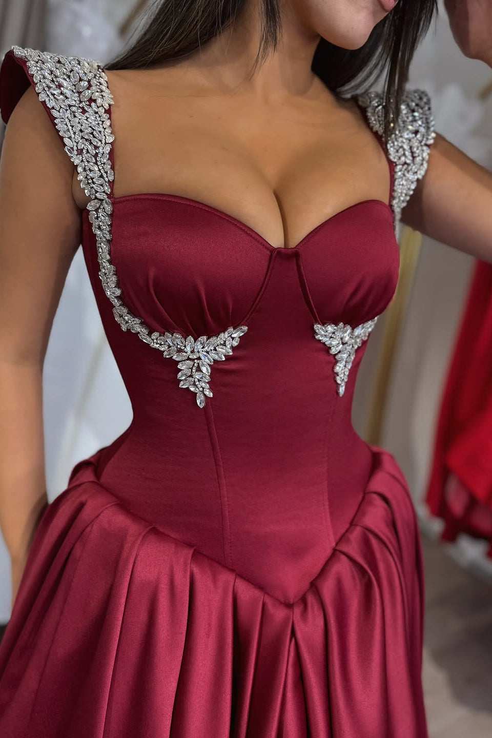 Dazzling Burgundy Sweetheart Straps Sleeveless Satin Evening Dresses A-Line Gem With Pleats