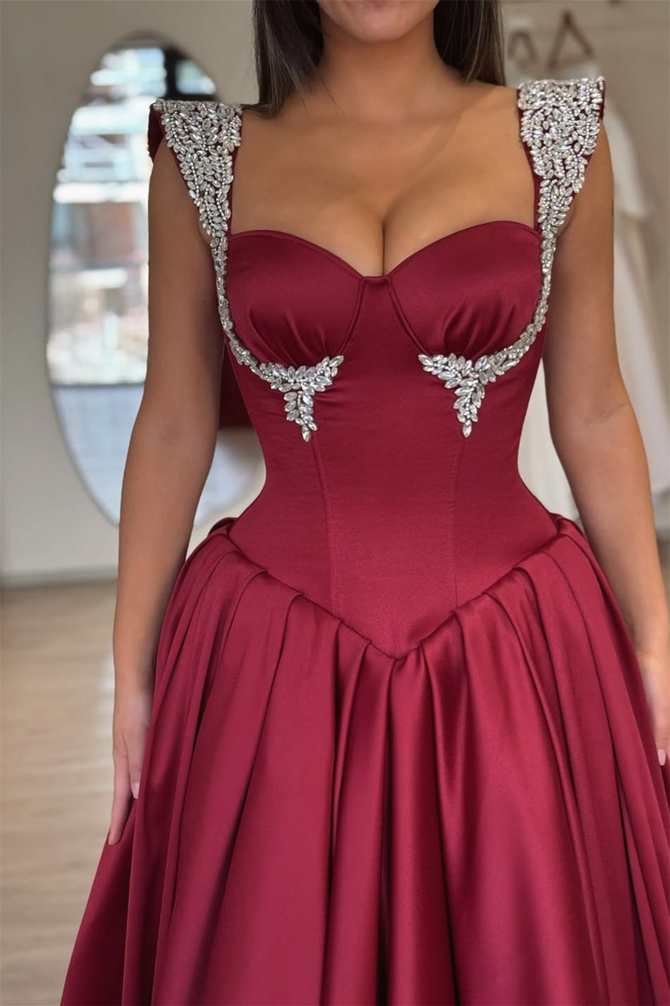 Dazzling Burgundy Sweetheart Straps Sleeveless Satin Evening Dresses A-Line Gem With Pleats