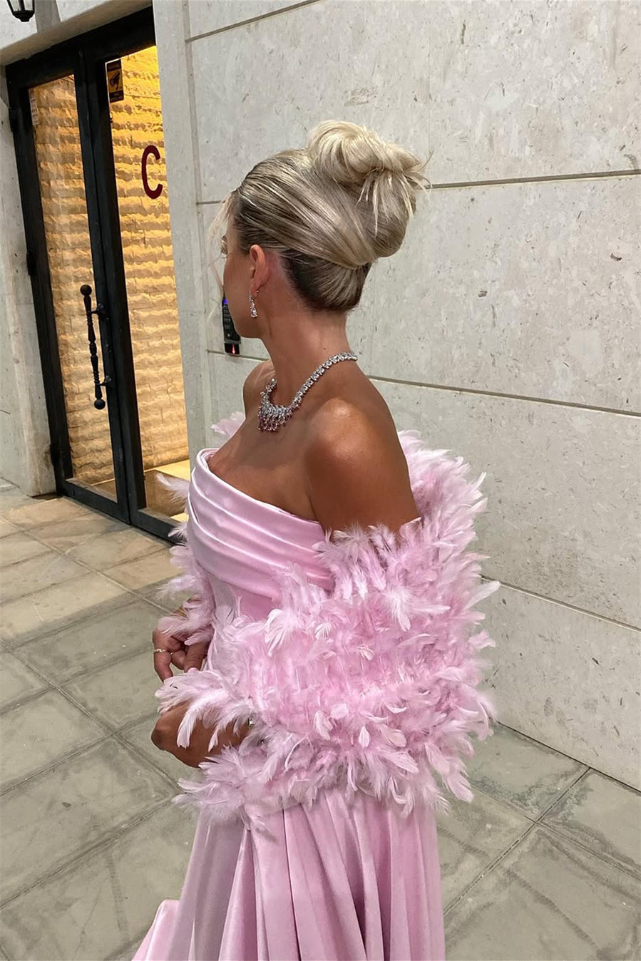Timeless Pink Strapless Sleeveless Satin Evening Dresses Floor Length With Pleats Feather