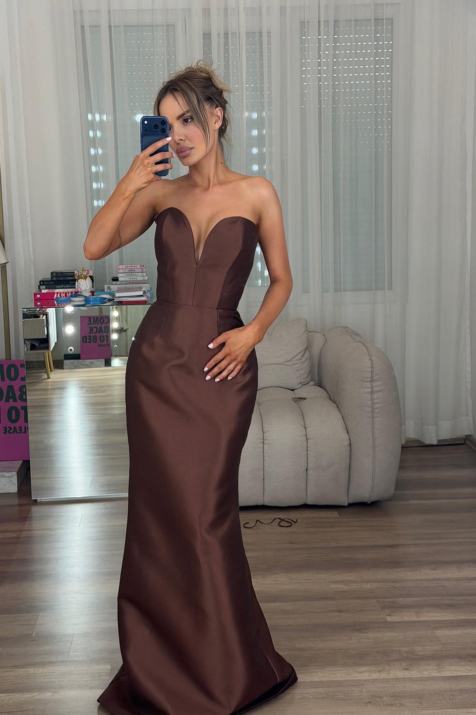 Elegant Chocolate Sweetheart Strapless Sleeveless Satin Evening Dresses Mermaid With Pleats