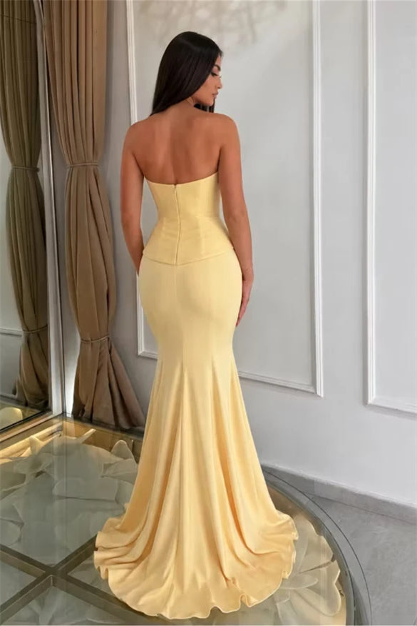 Dazzling Yellow Strapless Sleeveless Satin Mermaid Evening Dresses Column With Zipper