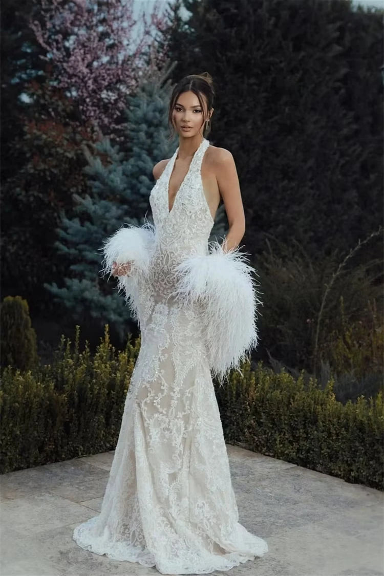 Romantic V-Neck Halter Sleeveless Mermaid Evening Dresses Sheath Backless With Feather