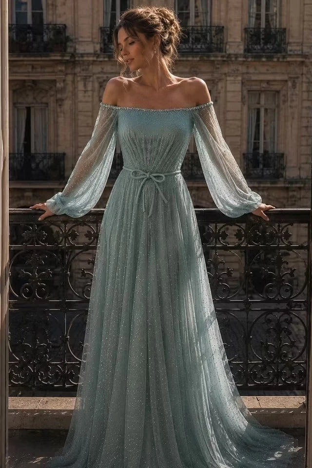 Chic Dusty Blue Off The Shoulder Long Sleeves Evening Dresses A-Line Gem With Zipper Pleats
