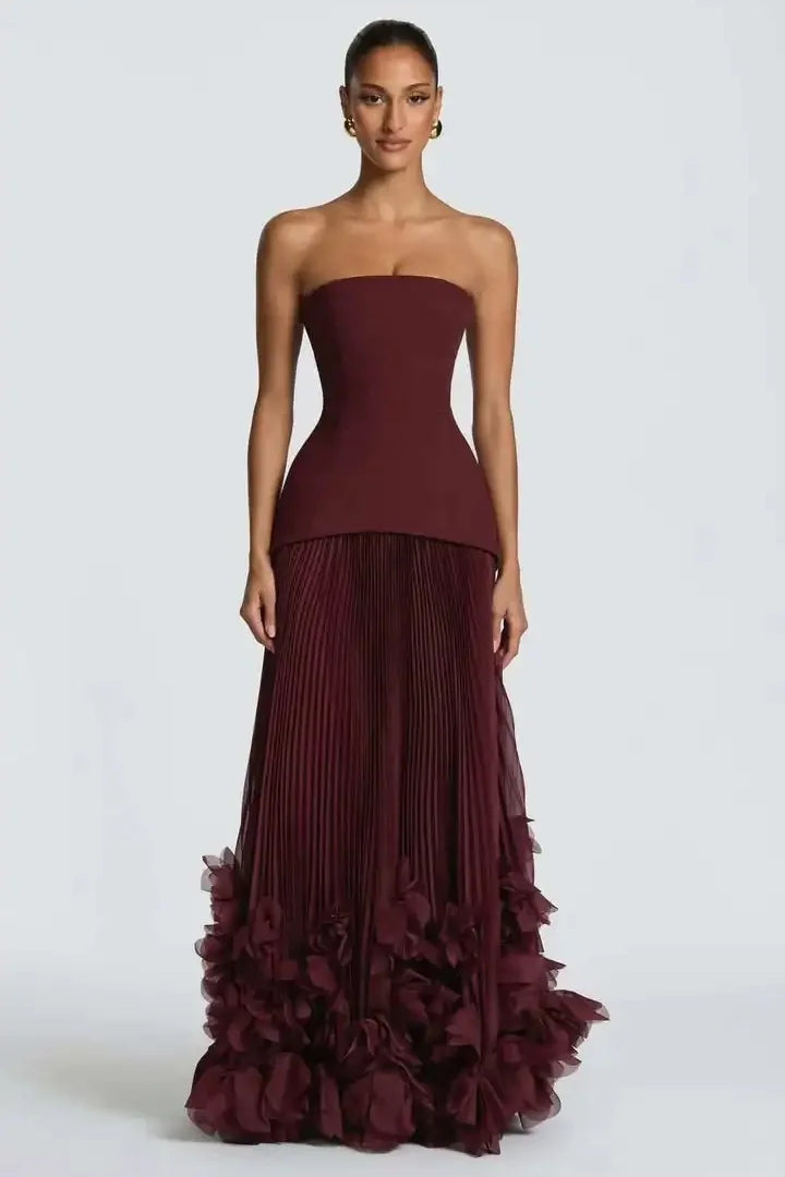 Chic Cabernet Strapless Sleeveless Floor Length Evening Dresses Zipper With Pleats
