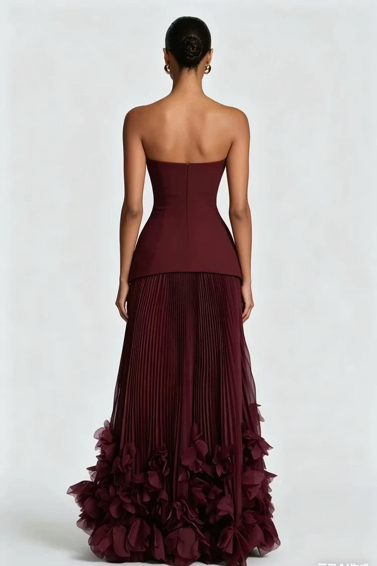 Chic Cabernet Strapless Sleeveless Floor Length Evening Dresses Zipper With Pleats