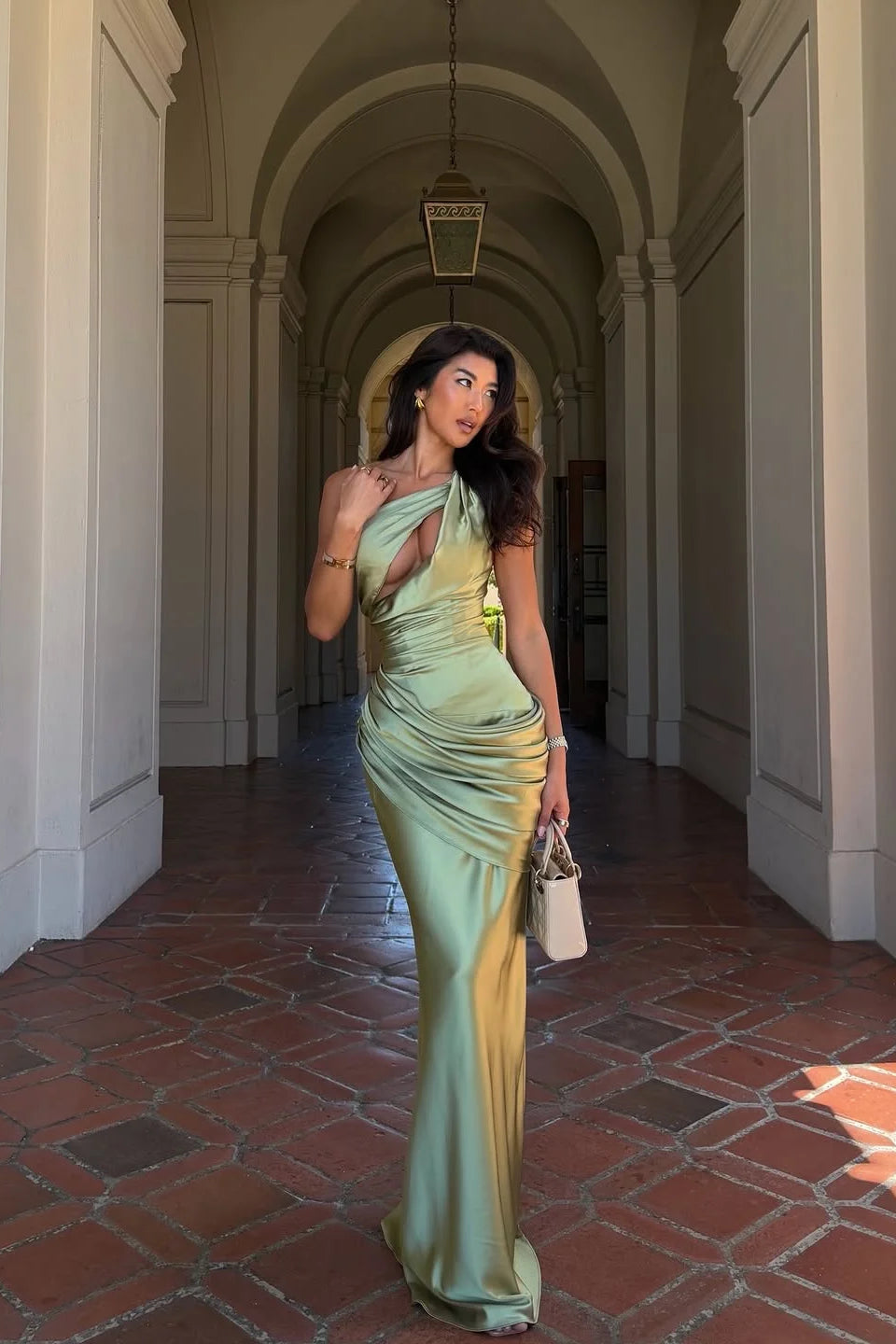 Charming Sage One Shoulder Sleeveless Satin Mermaid Evening Dresses Column With Lace-Up Back