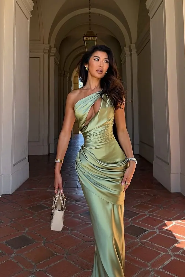 Charming Sage One Shoulder Sleeveless Satin Mermaid Evening Dresses Column With Lace-Up Back