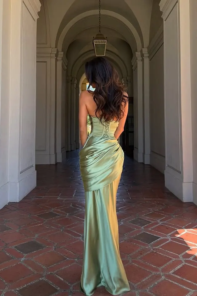 Charming Sage One Shoulder Sleeveless Satin Mermaid Evening Dresses Column With Lace-Up Back