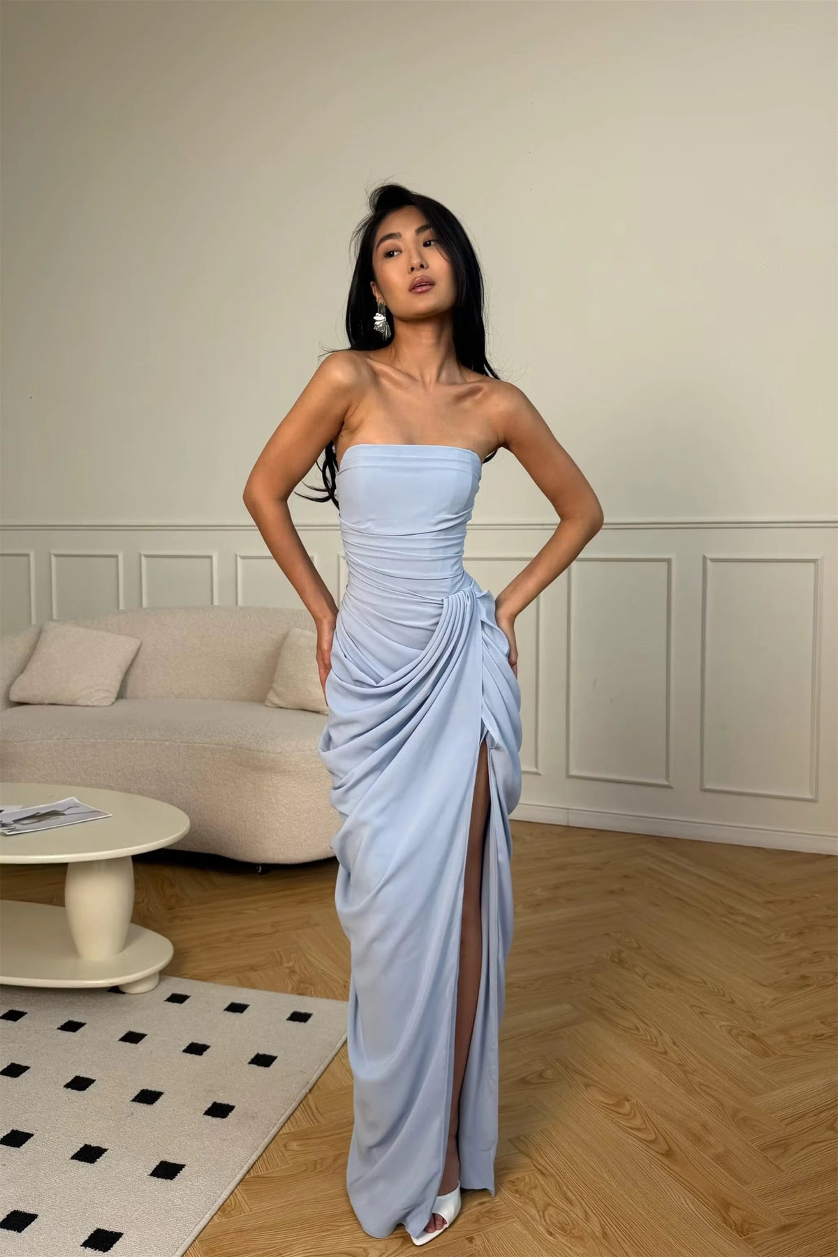 Chic Dusty Blue Strapless Sleeveless Mermaid Satin Evening Dresses High Split With Lace-Up Back