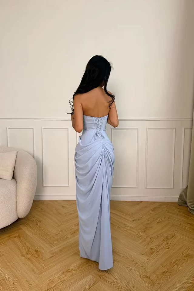 Chic Dusty Blue Strapless Sleeveless Mermaid Satin Evening Dresses High Split With Lace-Up Back