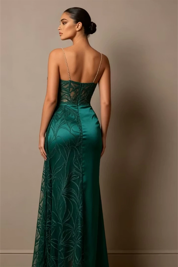 Charming Green Sweetheart Spaghetti-Straps Sleeveless Satin Evening Dresses High Split Gem With Zipper
