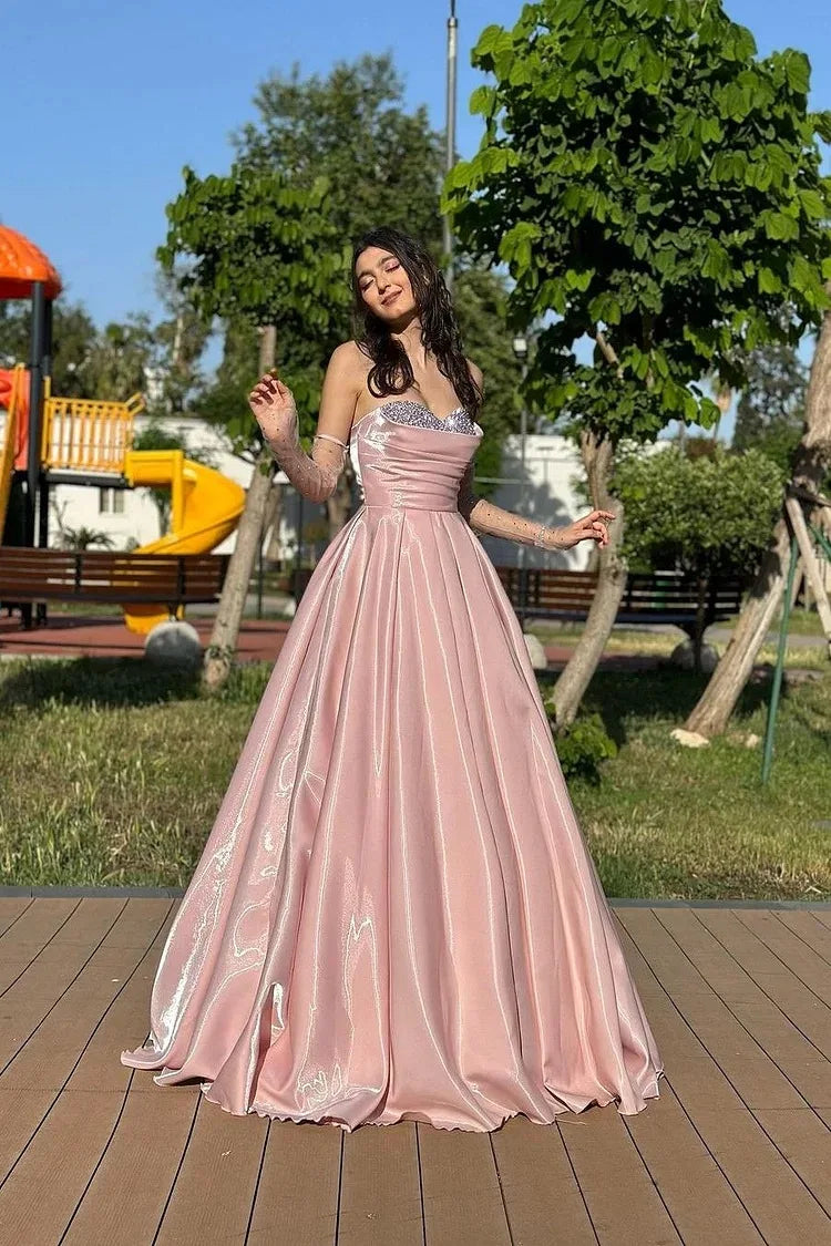 Chic Dusty Pink Sweetheart Strapless Sleeveless Satin Evening Dresses A-Line With Lace-Up Back