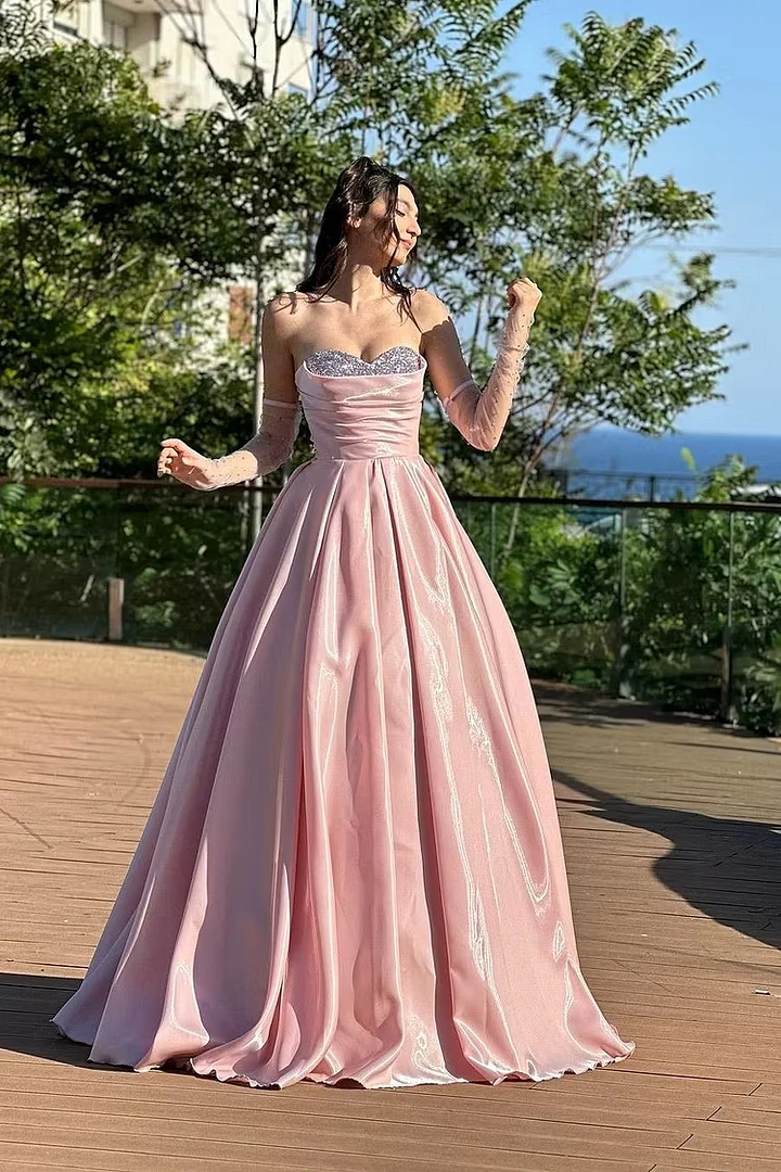 Chic Dusty Pink Sweetheart Strapless Sleeveless Satin Evening Dresses A-Line With Lace-Up Back