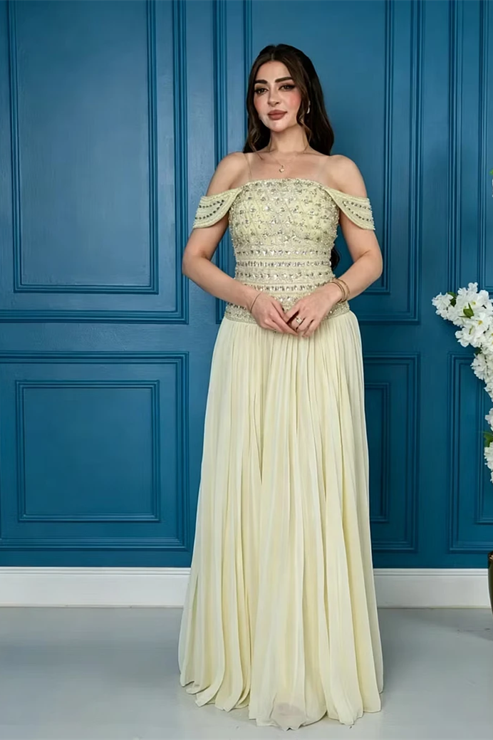 Glamorous Daffodil Off The Shoulder Chiffon Evening Dresses Gem Floor Length With Pleats