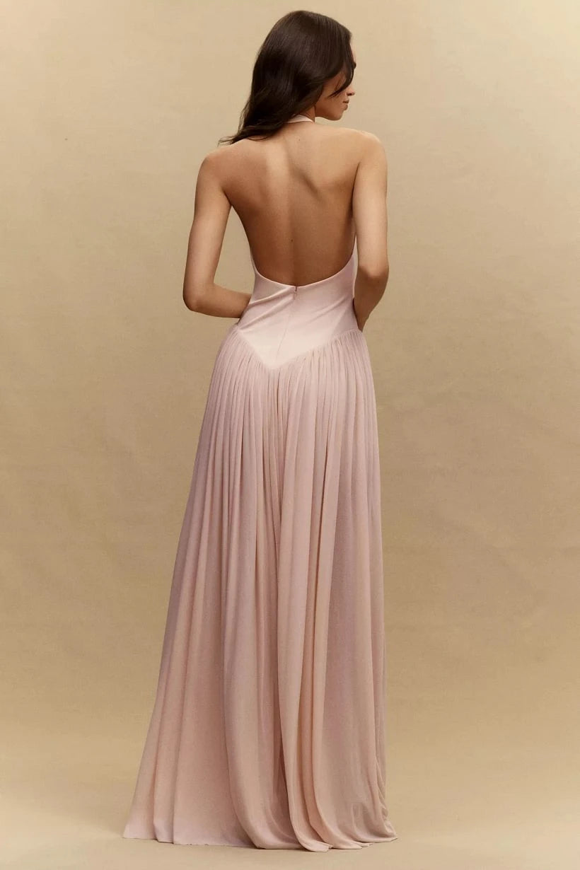 Chic Pink V-Neck Halter Sleeveless Evening Dresses Backless Floor Length With Zipper